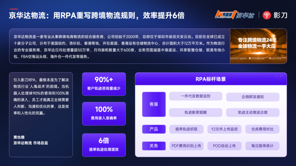 京华达物流：用RPA实现轨迹、单证、对账全链路自动化，效率提升6倍，查询下降90%